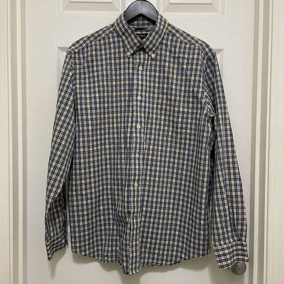 Nautica Wrinkle Resistant Blue & Yellow Plaid Button Down Dress Shirt Mens Large - Picture 1 of 6